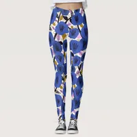 Bold Blue Pink Gold Floral Pattern Leggings