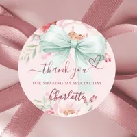 Bow blush pink sage green florals heart thank you classic round sticker