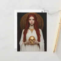 Red haired Goddess Lady With Golden Skull Postcard