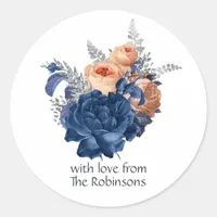 Coral, Navy and Silver Floral Wedding Classic Round Sticker