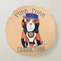 Fun Calico Cat Train Conductor Purr Slogan Round Pillow