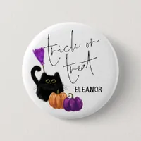 Cat Pumpkin Broomstick Halloween Trick Treat Name  Button