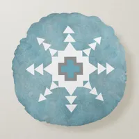 Southwest Winter Snowflake Geometric Blue & White Round Pillow