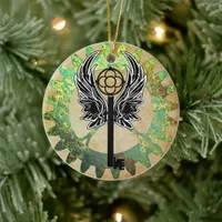 Steampunk Winged Key and Cog Wheel Ceramic Ornament