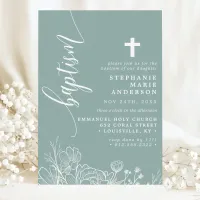 Dusty Teal White Floral Elegant Script Baptism Invitation