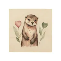 Adorable Otter With Heart Plants Wood Wall Art