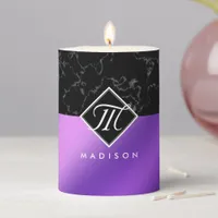 Elegant Black Marble & Purple Foil Monogram Pillar Candle