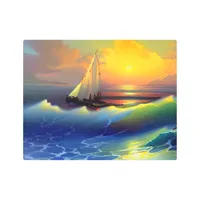 Ocean Waves, Sailboat and Sunset Reflection Metal Print