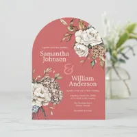 Modern Peony & hydrangea Coral Pink Wedding Invitation