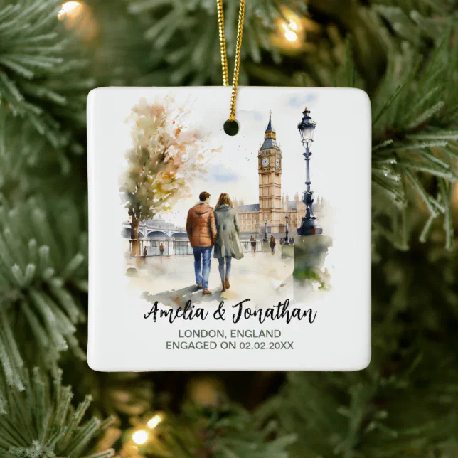 Couple at London England UK Watercolor Travel Art Ceramic Ornament