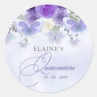 Rustic Floral Purple Lilac Butterflies Quinceanera Classic Round Sticker