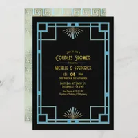 Chic Gatsby Art Deco Blue & Gold Couples Shower Invitation