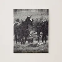 Making Hay With Horses Black and White Jigsaw Puzzle