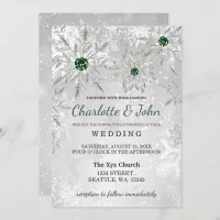 Silver Emerald Green snowflakes Winter Wedding Invitation