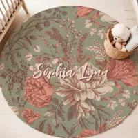  Sage Green Floral Blooms Custom Name Nursery Rug