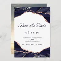 Elegant Rose Gold Foil Navy Agate Wedding Photo Save The Date