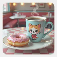 Cute Donut and Coffee at Retro Diner Square Sticker