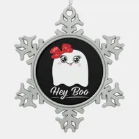 Cute Hey Boo Halloween Snowflake Pewter Christmas Ornament