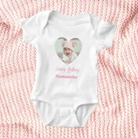 Photo heart name birthday baby girl pink baby bodysuit