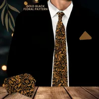 Elegant Black Gold Floral Pattern Monogram Neck Tie