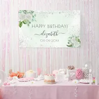 Birthday green silver florals glitter name banner