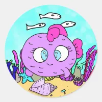 Funny Purple Fish Sea Creatures Beachy Classic Round Sticker