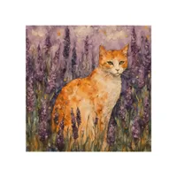A pretty ginger cat in a lavender field  wood wall art