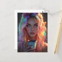 Elven Woman With a Coffee Postcard