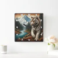 Bengal Tiger Walking by Mountain River at Dusk Square Wall Clock