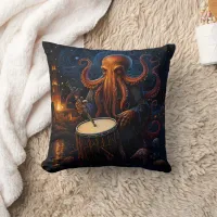 Mysterious Octopus Drummer Under Starry Night Throw Pillow