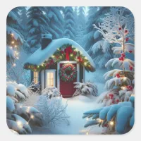 A Little Cabin in the Woods | Festive Christmas Square Sticker