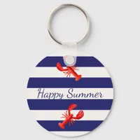 Blue White nautical stripes red lobsters Keychain