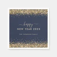 Gold Glitter Name Navy Blue Happy New Year 2025 Napkins