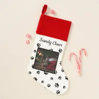 Cute Cat Name & Photo Black Paw Prints Christmas Stocking