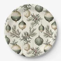 Sage Green and Gold Christmas Ornaments Paper Plates