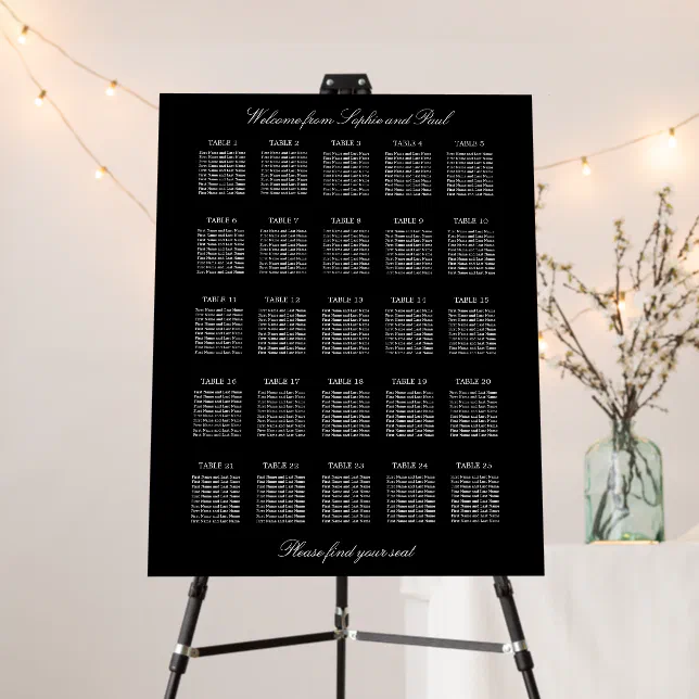 Elegant Black 25 Table Seating Chart Foam Board