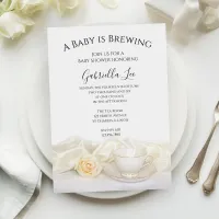 Tea Cup with White Rose Baby is Brewing Shower Invitation