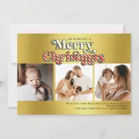 Merry Christmas Fun Candy Cane 3 Photo Faux Gold Holiday Card