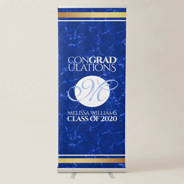 Elegant Graduation Monogram Blue Marble Gold Foil Retractable Banner