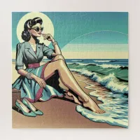 1950's Retro Woman Sitting on the Beach Jigsaw Puzzle