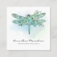 *~* Pastel Watercolor Aqua Pink Dragonfly  Square Business Card