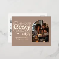 Warm Taupe & Rose Gold Cozy Vibes Retro Christmas Foil Holiday Postcard
