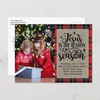 Jesus is the Reason for the Season Buffalo Plaid H Holiday Postcard