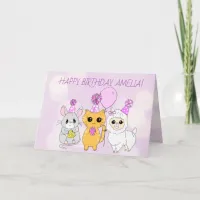 Whimsical Llama, Kitten and Mouse Girl's Birthday Card