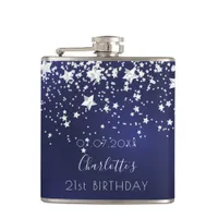 Birthday navy blue silver stars name flask