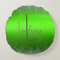 Green Brushed Metal Glitter Monogram Simple | Round Pillow