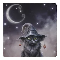 Black Halloween Cat Wearing a Witch Hat  Trivet