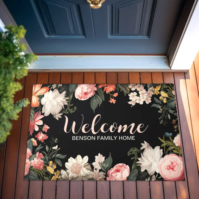 Vintage Classic Floral on Black Family Name Doormat