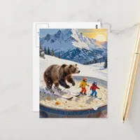 bear and kids ski in a bowl of porridge  postcard