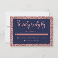Navy Blue Rose Gold Glitter Wedding Guest RSVP